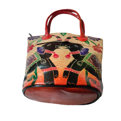 Shantiniketan Pure Leather Traditional Printed Handbag Medium Batua Dual Elephant