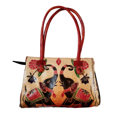 Shantiniketan Twin Royal Elephants Design Ethnic Block Printed Leather Indian Shoulder Bag