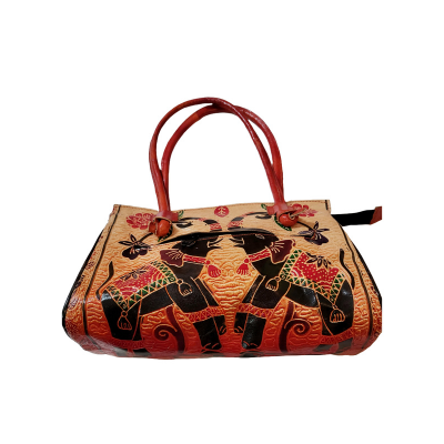 Shantiniketan Twin Royal Elephants Design Ethnic Block Printed Leather Indian Shoulder Bag
