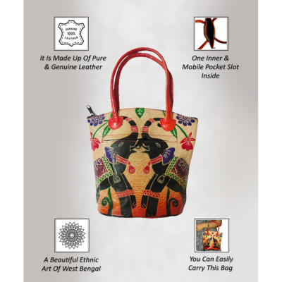 Shantiniketan Pure Leather Traditional Printed Handbag Medium Batua Dual Elephant