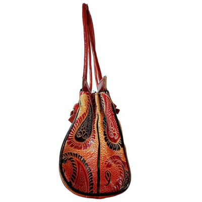 Shantiniketan Twin Royal Elephants Design Ethnic Block Printed Leather Indian Shoulder Bag