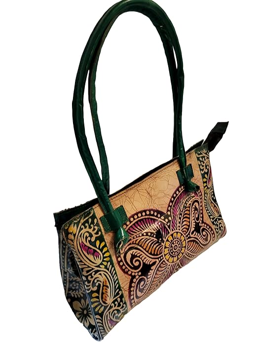 Shantiniketan Green Design Batik Printed Leather Indian Shoulder Bag