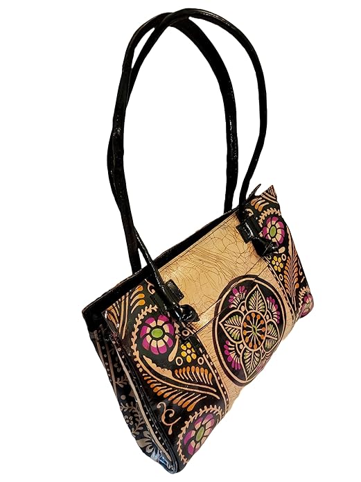 Shantiniketan Black Design Batik Printed Leather Indian Shoulder Bag