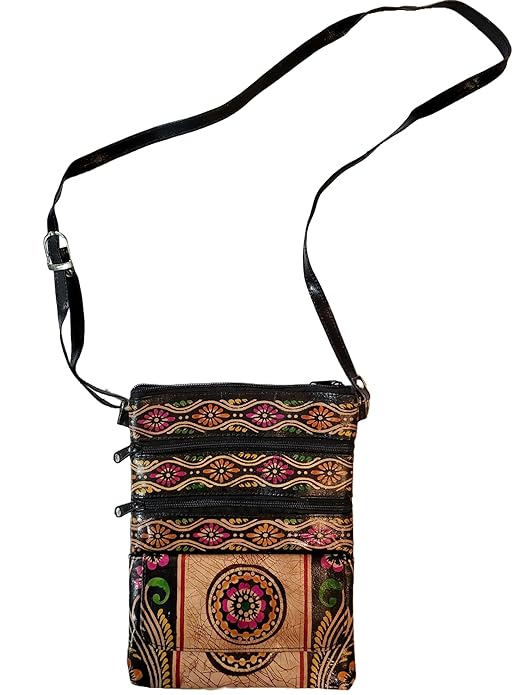 Shantiniketan Pure Leather Crossbody Shoulder Bag Batik Print (Black)