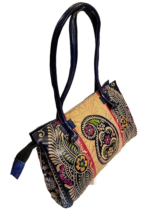 Shantiniketan Blue Design Batik Printed Leather Indian Shoulder Bag