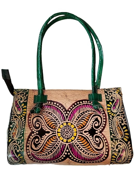 Shantiniketan Green Design Batik Printed Leather Indian Shoulder Bag