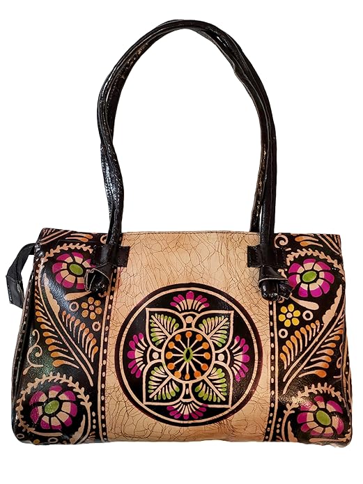 Shantiniketan Black Design Batik Printed Leather Indian Shoulder Bag