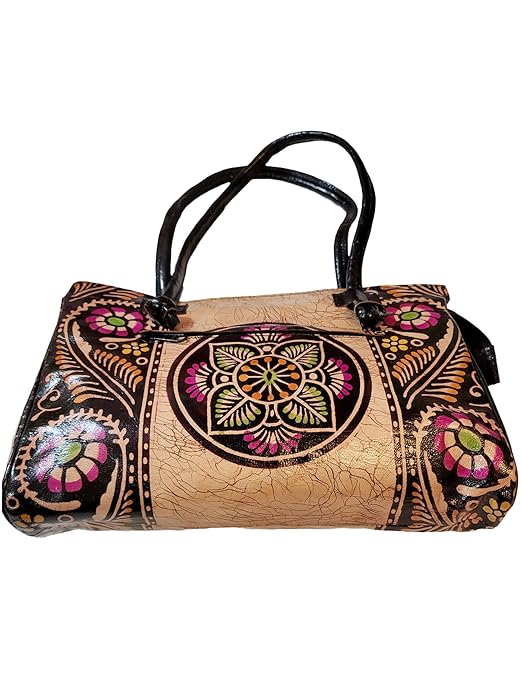 Shantiniketan Black Design Batik Printed Leather Indian Shoulder Bag