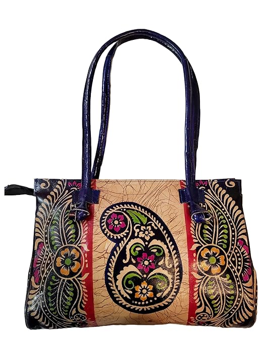 Shantiniketan Blue Design Batik Printed Leather Indian Shoulder Bag