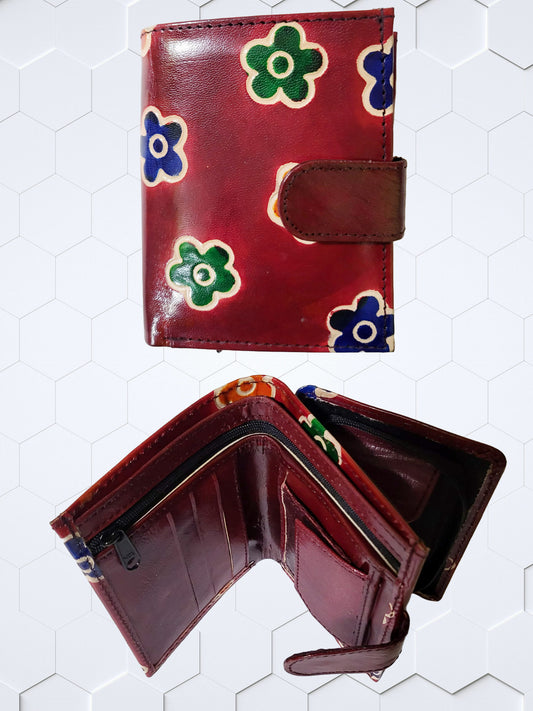 Clutch 2 Fold Purse with Side Chain Pouch for Women Flower Print Red