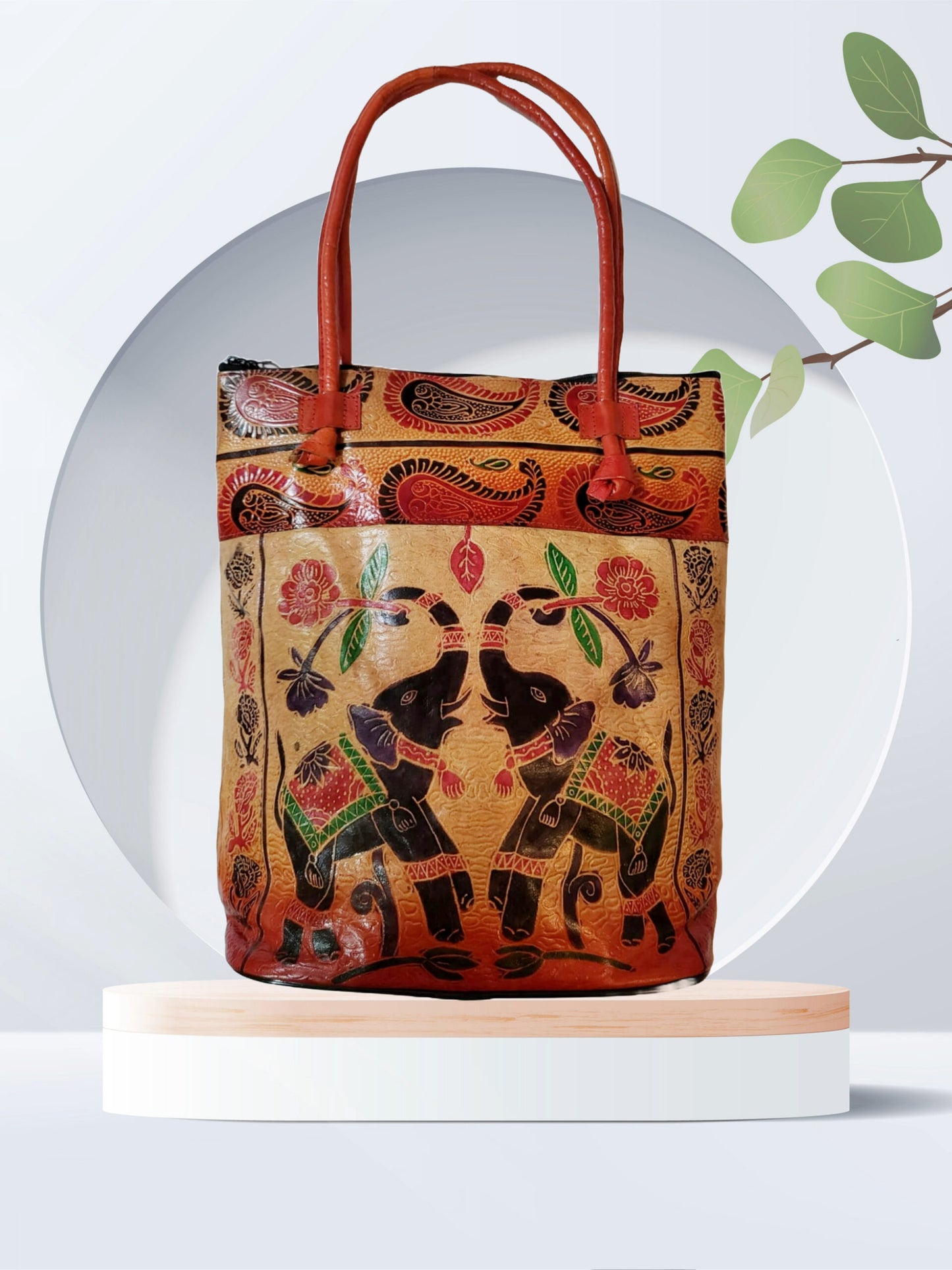 Shantiniketan Genuine Leather Ladies Shoulder Bag Dual Elephant 14x14