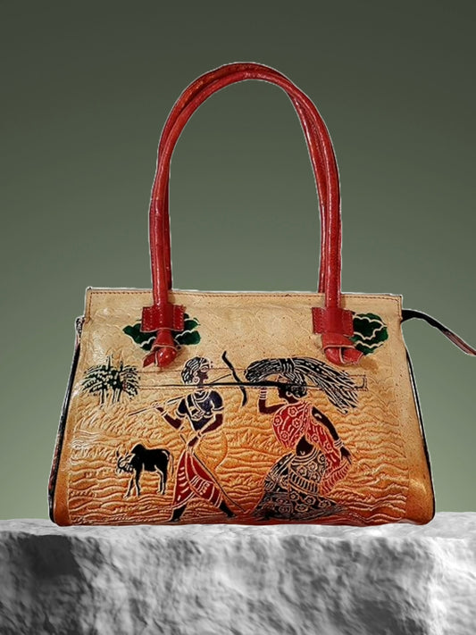Shantiniketan Leather Large Shoulder Lady Farming Bag 10 x 8 inch