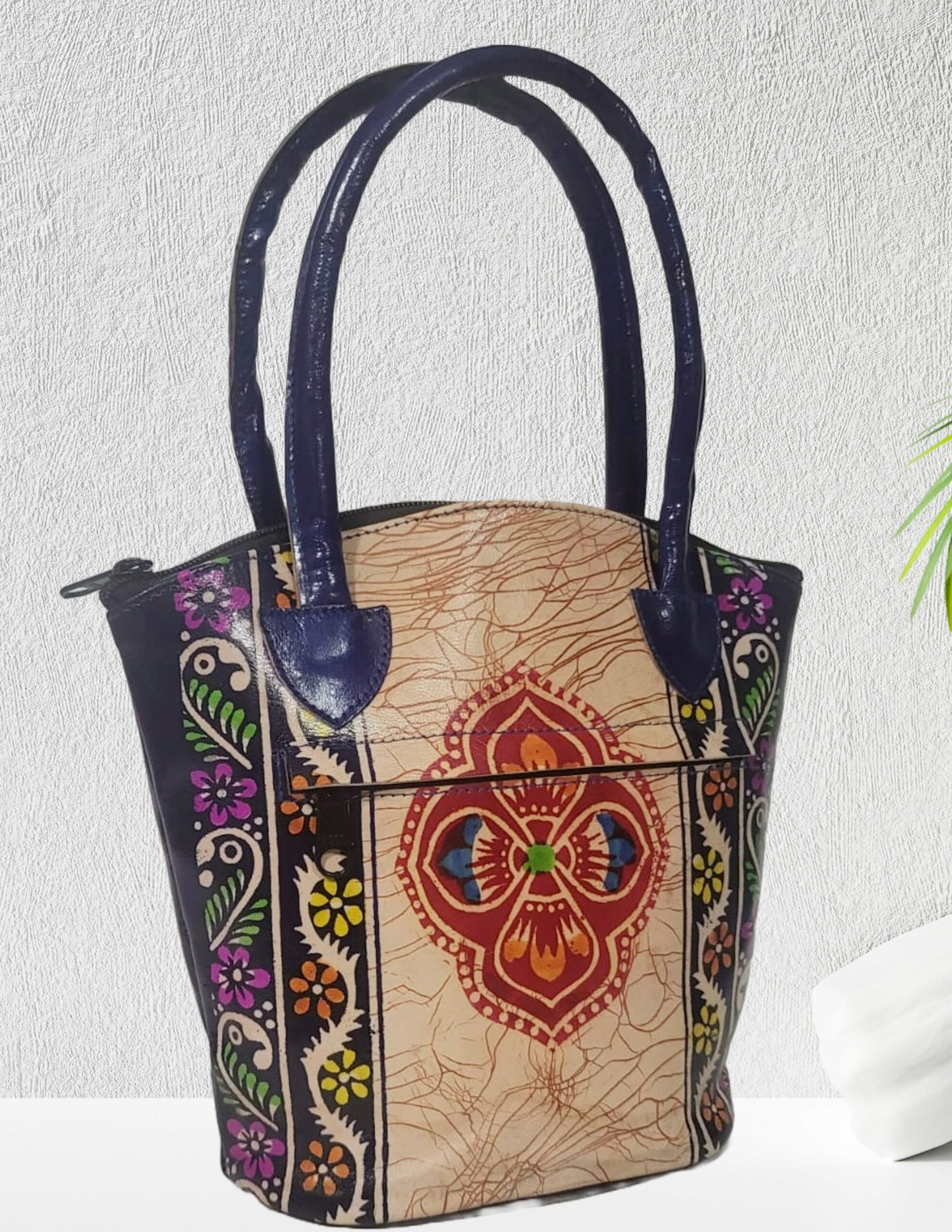 Shantiniketan Pure Leather Blue Batik Medium Batua