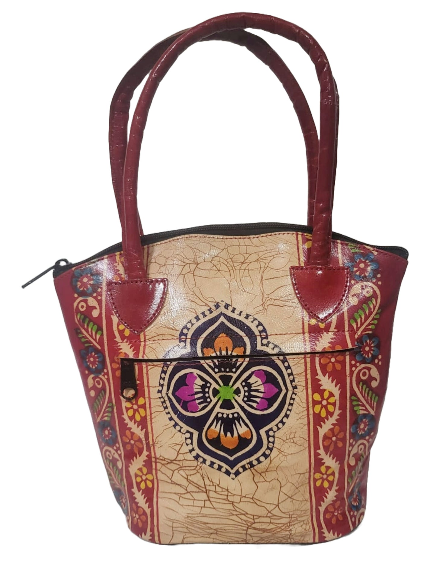 Shantiniketan Pure Leather Red Batik Medium Batua