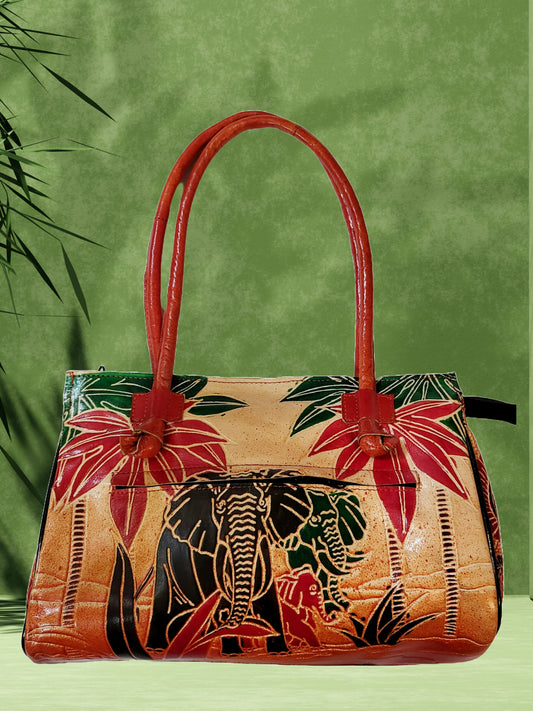 Shantiniketan Leather Large Shoulder Safari Elephant Bag 10 x 8 inch