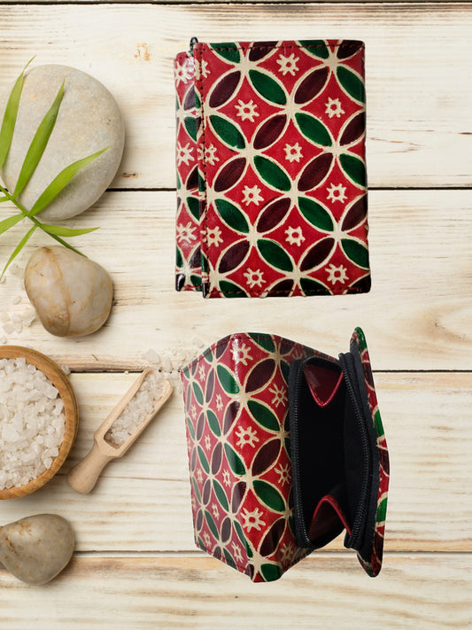 Shantiniketan Ladies 3 Fold Clutch Purse for Women Hexagon Print Red Colour