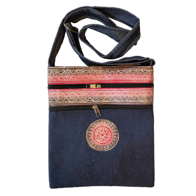 Pure Leather+Denim Hand Made Traditional Printed Sling for Women