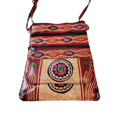 Shantiniketan Pure Leather Womens Purse Crossbody Shoulder Bag Batik Print (Red)