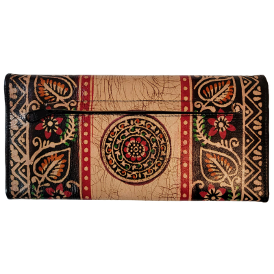 Shantiniketan Batik Print Black Leather 10inch Large Clutch Handpurse For Women
