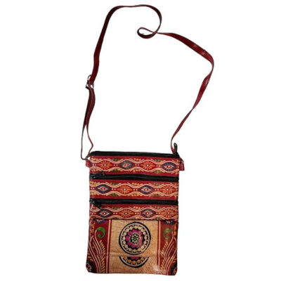Shantiniketan Pure Leather Womens Purse Crossbody Shoulder Bag Batik Print (Red)