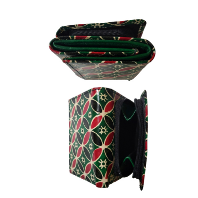 Shantiniketan Clutch 3 fold Purse for Women Green Hexagon Print Green