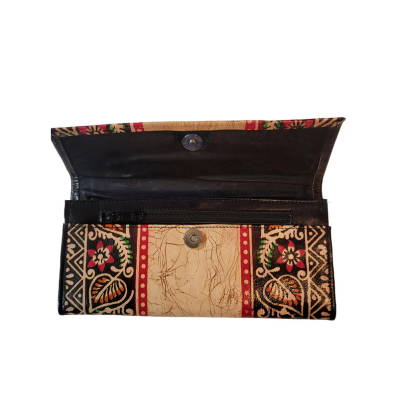 Shantiniketan Batik Print Black Leather 10inch Large Clutch Handpurse For Women