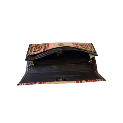 Shantiniketan Batik Print Black Leather 10inch Large Clutch Handpurse For Women