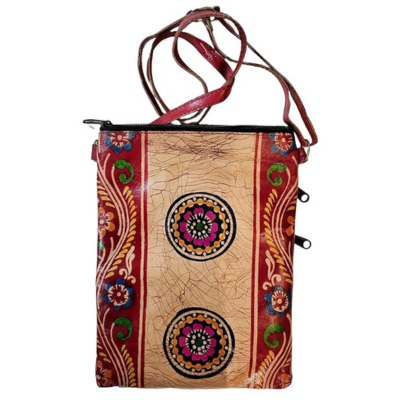 Shantiniketan Pure Leather Womens Purse Crossbody Shoulder Bag Batik Print (Red)