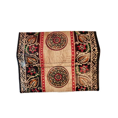 Shantiniketan Batik Print Black Leather 10inch Large Clutch Handpurse For Women