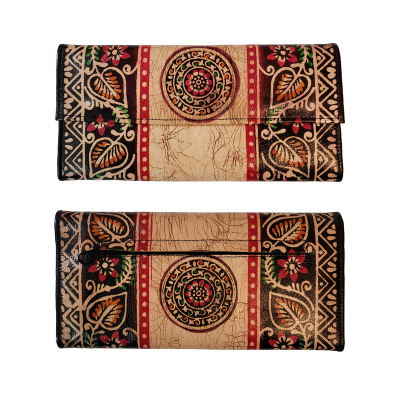 Shantiniketan Batik Print Black Leather 10inch Large Clutch Handpurse For Women