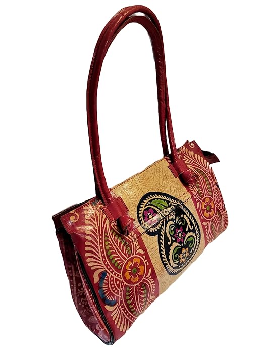 Shantiniketan Red Design Batik Printed Leather Indian Shoulder Bag
