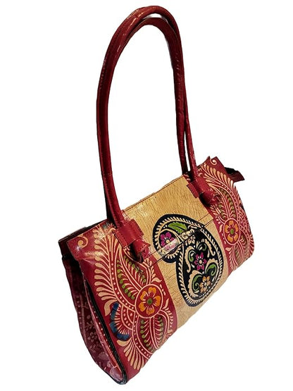 Shantiniketan Red Design Batik Printed Leather Indian Shoulder Bag