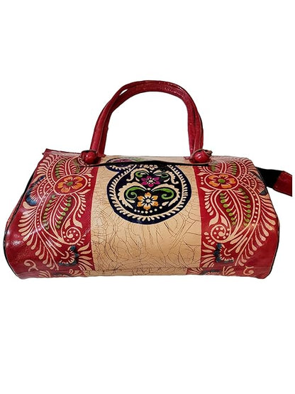 Shantiniketan Red Design Batik Printed Leather Indian Shoulder Bag