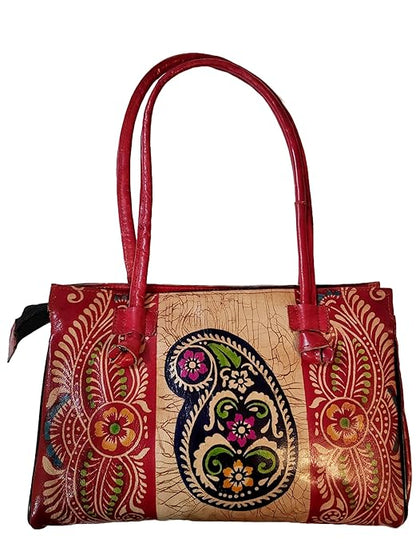 Shantiniketan Red Design Batik Printed Leather Indian Shoulder Bag