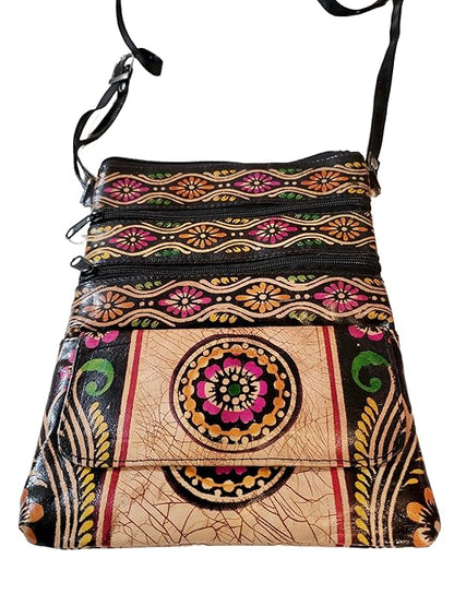 Shantiniketan Pure Leather Crossbody Shoulder Bag Batik Print (Black)