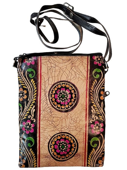 Shantiniketan Pure Leather Crossbody Shoulder Bag Batik Print (Black)