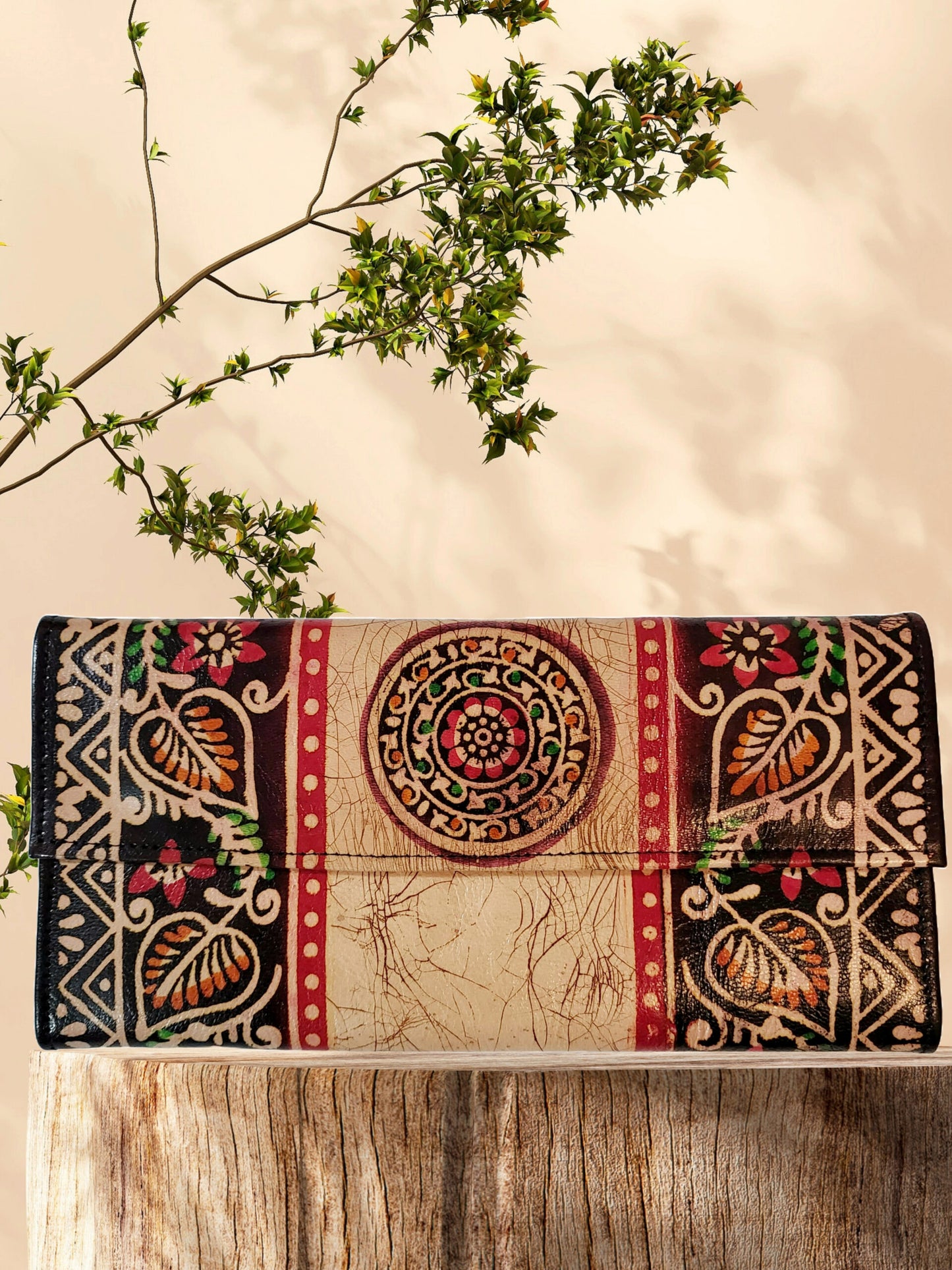 Shantiniketan Batik Print Black Leather 10inch Large Clutch Handpurse For Women