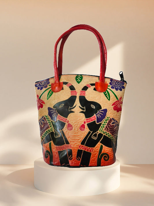 Shantiniketan Pure Leather Traditional Printed Handbag Medium Batua Dual Elephant