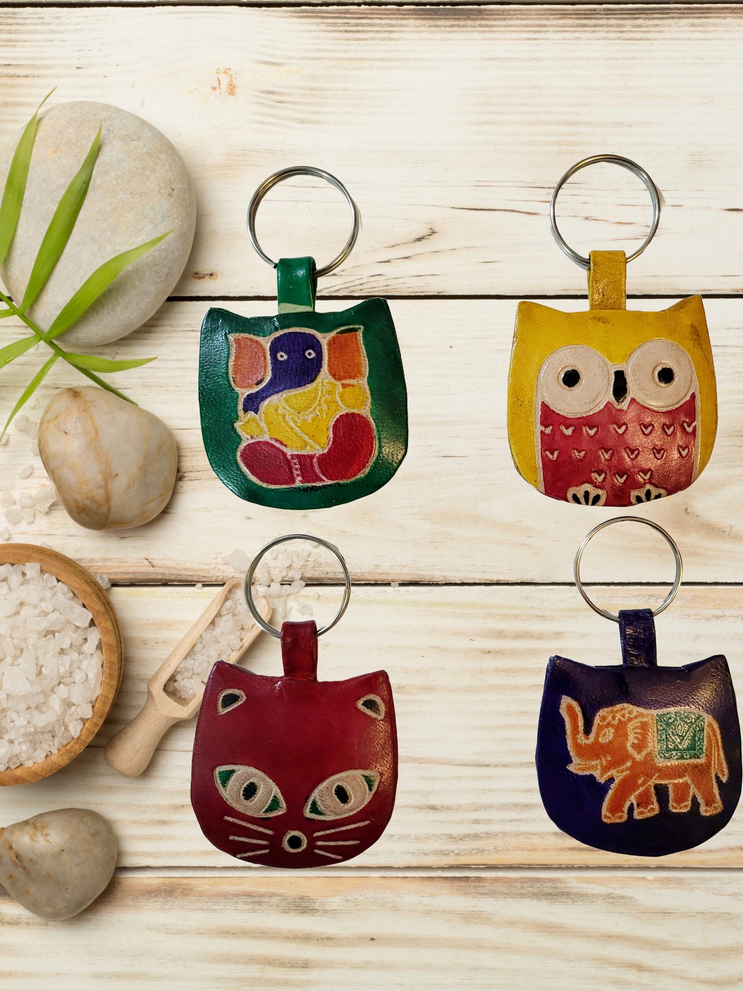 Shantiniketan Multicolor Leather Block Print Chabi Set (Combo Of 4)