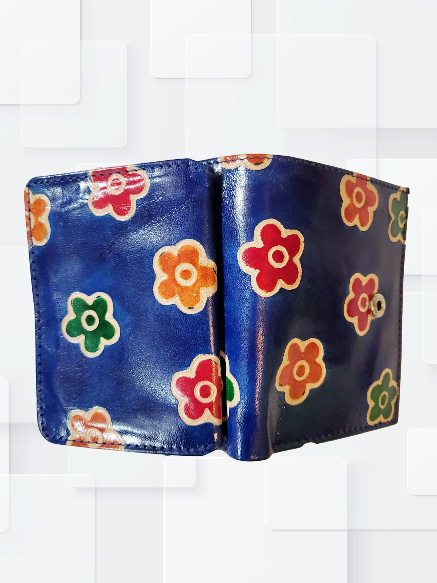 Clutch 2 Fold Purse with Side Chain Pouch for Women Flower Print Blue