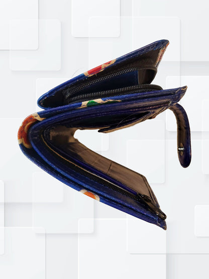 Clutch 2 Fold Purse with Side Chain Pouch for Women Flower Print Blue