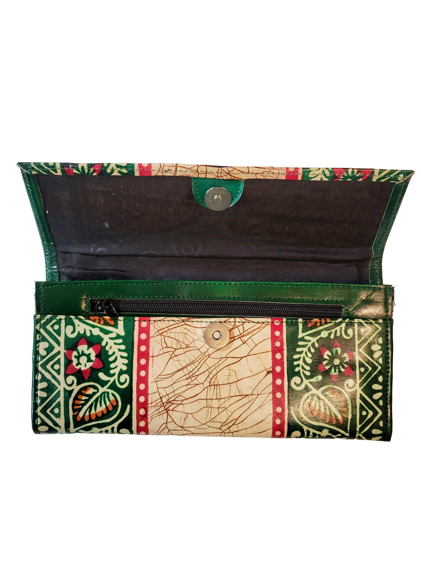 Shantiniketan Batik Print Green Leather 10inch Handpurse