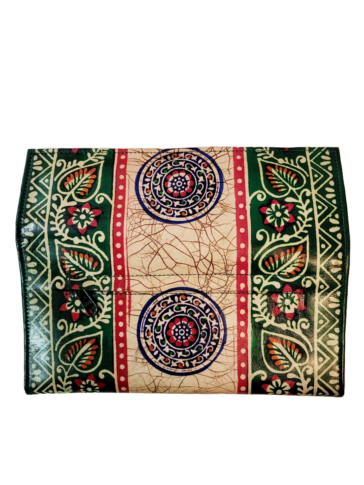 Shantiniketan Batik Print Green Leather 10inch Handpurse