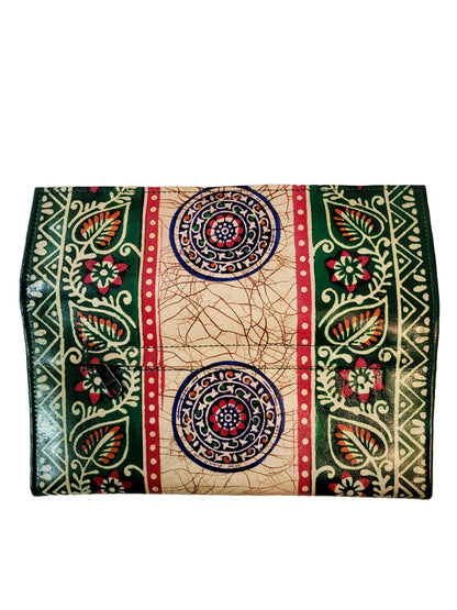 Shantiniketan Batik Print Green Leather 10inch Handpurse