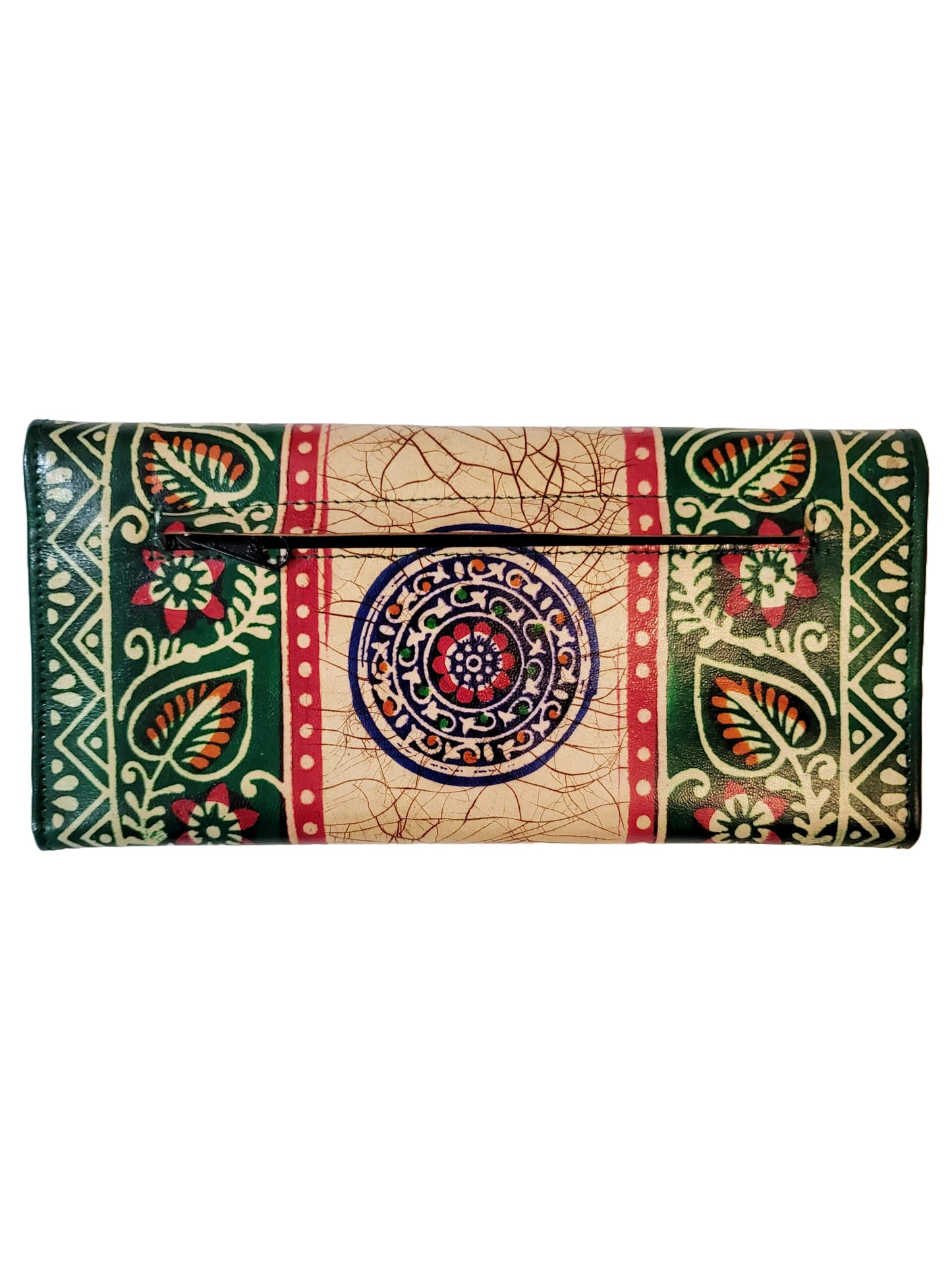Shantiniketan Batik Print Green Leather 10inch Handpurse