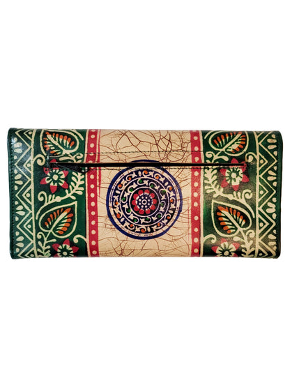 Shantiniketan Batik Print Green Leather 10inch Handpurse