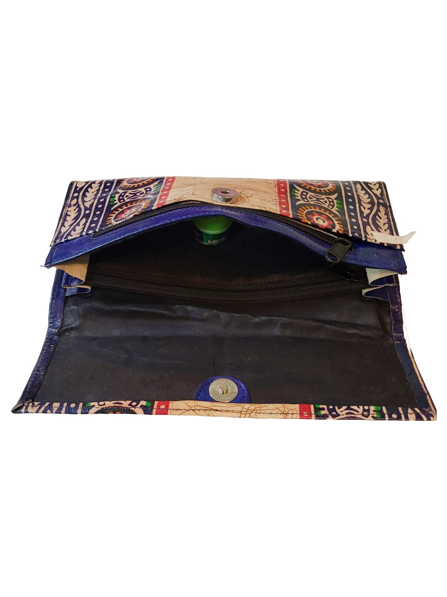 Shantiniketan Batik Print Blue Leather 10inch Clutch Handpurse