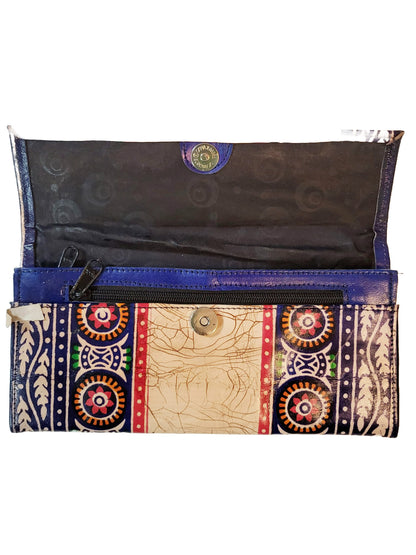 Shantiniketan Batik Print Blue Leather 10inch Clutch Handpurse