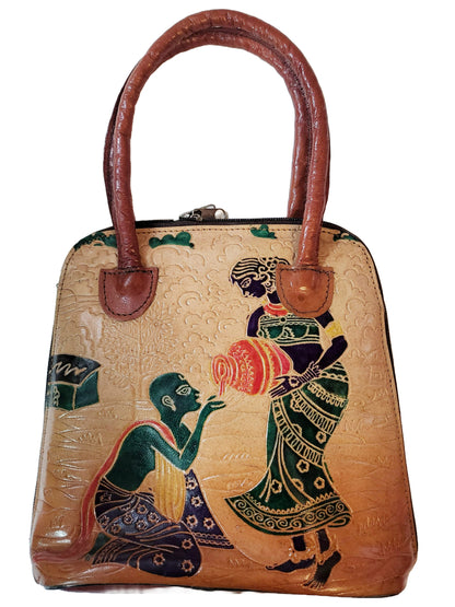 Shantiniketan Pure Leather Traditional Printed Handbag Fullchain Batua Lady Matka