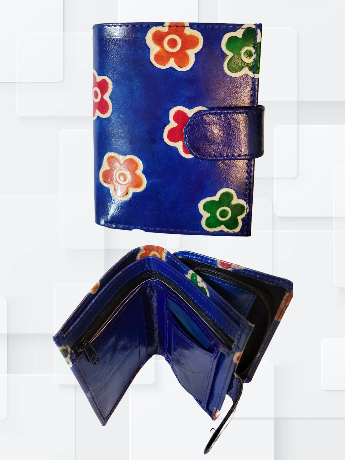 Clutch 2 Fold Purse with Side Chain Pouch for Women Flower Print Blue